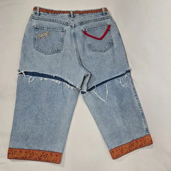 VINTAGE 90s UPCYCLE Handmade Patchwork Super Girly BOHO Baggy Capri Jean Size 12 - Picture 5 of 17
